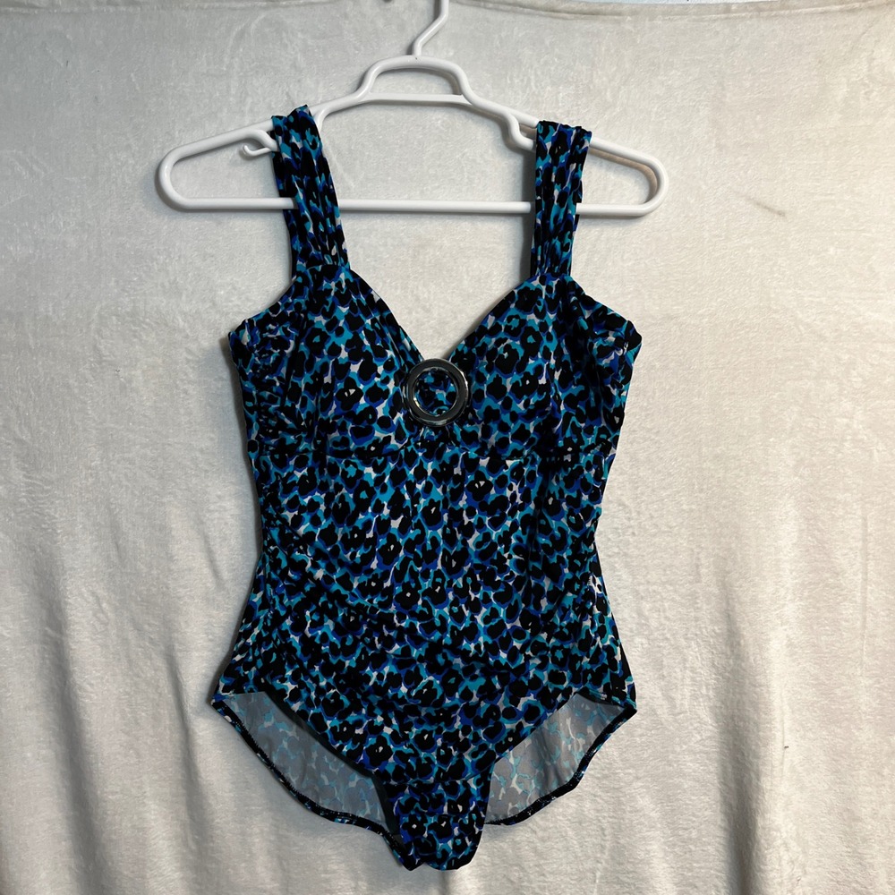 Miraclesuit Swimsuit Women 14 Blue Leopard Print One Piece Slimming Beach Resort